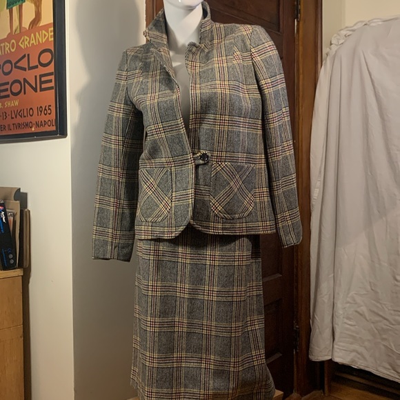 60’s HANDMADE WOOL GLEN PLAID TWEED SKIRT SUIT PRINCE OF WALES PLAID - Picture 3 of 15